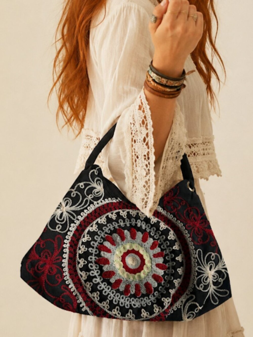 Boho Embroidered Medallion Crochet Satchel Bag Black Red Cream